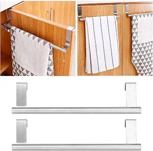 2Pcs Stainless Steel Hanging Towel Rack No Punch Bathroom Hanger for Hanging on Inside or Outside of Doors, Home Kitchen Bathroom, Hand Towels, Dish Towels and Tea Towels (23CM)