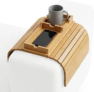Bamboo Sofa Armrest Tray with Detachable Cup Holder Anti-Slip Foldable Couch Arm Tray Table, 2-in-1 Armchair Caddy for Drinks, Phone, TV Remote & Snacks