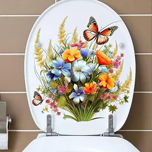 Toilet Stickers Bathroom Wall Decor Flowers Green Plant Butterflies Vinyl Sticker Wall Decals Peel and Stick Wall Stickers for Living Room Bedroom, Bathroom Self-Adhesive Toilet Seat Decals Decor
