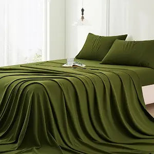 Vonty Queen Bed Sheet Set, Rayon Derived from Bamboo, Green, Luxury & Cooling - Hotel Silky Sheets with Deep Pocket, 4 Pieces