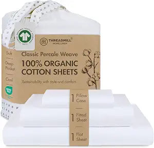 Threadmill Organic Cotton Twin Bed Sheet Set - Soft & Natural - Cool Cotton Sheets - Includes Flat Sheet, Fitted Sheet, & Pillowcases - Twin/White