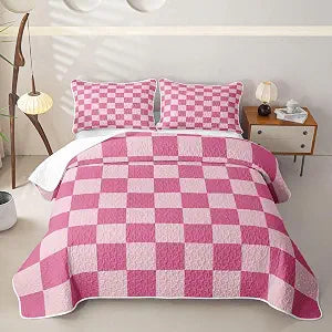 Feelyou Checkered Retro Quilt Set Hot Pink Plaid Bedding Twin