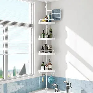 HAMITOR Corner Shower Caddy Tension Pole: Adjustable Stainless Steel Shower Organizer with 4 Tier Shelf for Bathroom Bathtub Tub Shampoo - Floor Standing Rack Bath Storage Holder with Rust Proof Rods