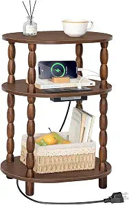 MaxSmeo Small Side Table with Charging Station, 3-Tier Small End Table with USB Ports and Outlets, Modern Oval Night Stand Accent Table for Living Room, Bedroom, Walnut Brown