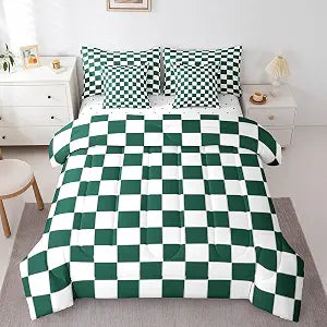 Erosebridal Aesthetic Checkered Twin Bed in A Bag 7 Piece White Green Checkerboard Bedding Set,Buffalo Plaid Grid Comforter Set with Sheets for Kids Teen Adults Geometric Gingham Bed Set