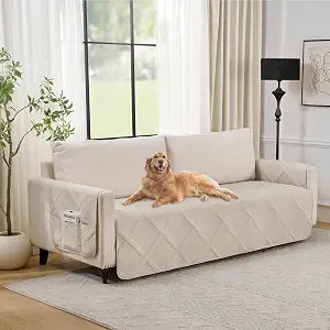 Backless Couch Cover for Dogs with Pockets, Anti-Slip Diamond Quilted Couch Covers for 3 Cushion Sofa, Washable Couch Seat Covers, Water-Repellent Sofa Cover (Large Sofa 68", Beige Cream)