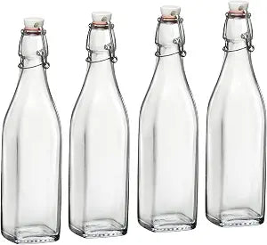 Bormioli Rocco Swing Glass Bottles 33.75 oz Set of 4 Airtight Swing-Top Clear Glass Beverage Bottles for Water, Juice, Homemade Infused Drinks, Office & Kitchen Storage