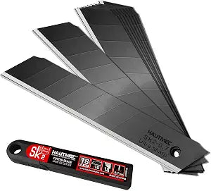 HAUTMEC 10PCS 18mm Triple Cutting-edge Snap Off Blades, Retractable Black Replacement Blades, SK2 Heavy Duty Utility Knife Blades, Strengthened Safety Box, for Box, Carpet, Rope HT0083-BL