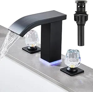 Bathroom faucets 3 Hole Widespread Modern Bathroom Sink Faucet 8 inch Matte Black Bathroom 3 Hole LED Light Waterfall Vanity Faucet Sink with Pop Up Drain (Matte Black)