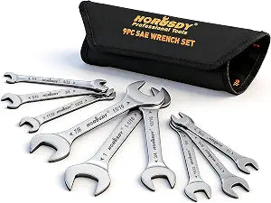 HORUSDY Thin Wrenches Set | SAE | 9-Piece | Including 1/4" - 1" | Bike Wrench Set | Thin Open End Wrench Set with Rolling Pouch