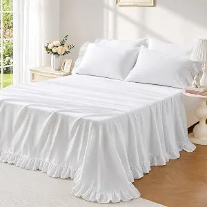 FUANNA Full Size Sheets 4 PCS - White Sheets with 4-Inch Ruffles Bed Skirt