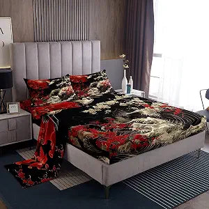 Erosebridal Oriental Cherry Blossoms Full Size Sheet Sets Japanese Asian Print Sheets, Black and Red Bedding Chic Crane Bed Sheets Set, Ocean Waves Fitted Sheet