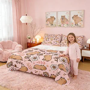 Erosebridal Cartoon Capybara Full Size Flat Fitted Sheet for Home, Cute Animals Bed Sheets Set for Kids Boys Girls Women Men, Branches Bedding Set, Florals Bed Sets, Pink