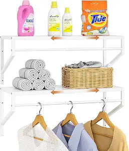 ThreeHio 2 Pack Expandable Laundry Room Shelves with Hanging Rod, Over Washer and Dryer Shelves, Wall Mounted Metal Shelving, Utility Floating Wall Shelf for Laundry Closet Organizers and Storage