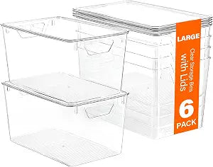 Freebat 6 Pack Clear Storage Bins with Lids, 7 Quart Pantry Organizer Bins