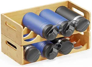 SpaceAid Bamboo Water Bottle Organizer with Labels, Kitchen Pantry Water Bottle Storage Rack for Cabinets, Home Cup and Wine Bottle Holder Shelf Organizers, 2 Pack 4-Slot, Hold 8 Bottles