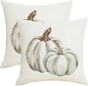 Fall Autumn White Pumpkin Throw Pillow Covers 20x20 Inch Set of 2 Thanksgiving Teal Grey Pumpkins Outdoor Decorative Pillows Cover Harvest Linen Pillowcase for Bed Couch Sofa Decor