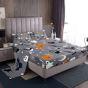 Halloween Theme Sheet Set Kids Boys Girls Pumpkin Lantern Fitted Sheets Set Full Size Owl Cat Ghost Bedding Sheet Sets Includes 1 Flat Sheet,1 Fitted Sheet,2 Pillowcases