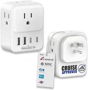 Cruise Approved US Plug Extender for Cruise Ships Non Surge Multi Plug Adapter with 4 Outlets, 2 USB & 2 USB-C Ports Cruise Essential for Carnival, NCL, Princess, MSC Cruise Essentials