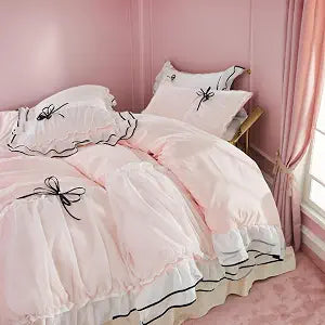 Lemfux Duvet Cover Set Ruffle French Country Beddding Set with Bowtie 3 Pieces Twin Duvet Cover 68"x88" with 2 Pillowcase 19"x29", Comforter Lace Bedding with Zipper Closure, Girl Bedding Light Pink