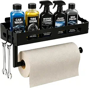 12 Inch Slatwall Paper Towel Holder with Shelf and 4 Hooks, Heavy Duty Metal Storage Rack for Workspace Organization, Kitchen, Bathroom, Black
