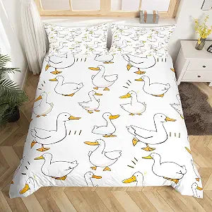Homewish Cartoon Duck Bedding Set Twin Size,Lovely Goose Funny Sketch White Comforter Cover Set for Kids Girls,Cute Farmhouse Livestock Animal Bedding Quilt Cover Set Bedroom Decor, 2 Pcs