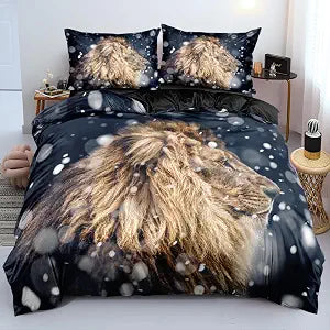 Lion Couple Duvet Cover Set with Pillow Shams Animal Lions Pattern King Bedding Sets
