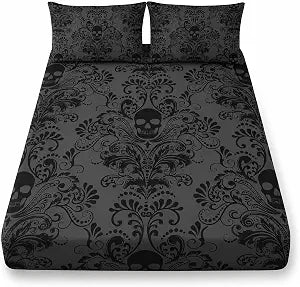 AILONEN Black Skull Fitted Sheet Set Queen Size,Floral Flower Gothic Skull Bed Sheet Set for Bedroom Decor,3 Pieces Boho Tree of Life Sheet Set,1 Fitted Sheet with 2 Pillowcases