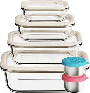 Glass Food Storage Containers with Silicone Glass Lids, Stainless Steel Salad Dressing Containers, LeakProof Food Containers Set, 4-pack 12-21-35-50 ozWhite