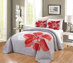 Grand Linen Quilt Set, Full Size, Coral Orange Grey White Hibiscus