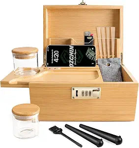OZCHIN Bamboo Smell Proof Container Locking Box, Large Wooden Storage Box with Glass Jar, Christmas Gifts for Men Women, Home Decor & Smoking Accessories