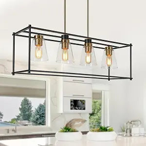Black and Gold Chandelier, 4-Light Chandeliers for Dining Room, 33.5" Linear Kitchen Island Pendant Lighting