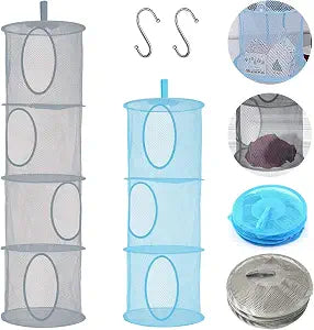 2pcs Hanging Mesh Storage Organizer Bag Foldable Space Saving Organizer with 2pcs S Hooks for Room Bathroom Wall Balcony Wardrobe(GreyBlue)