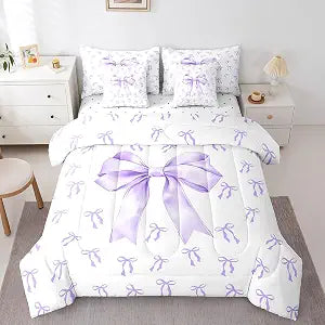 Erosebridal Kids Purple Bow Bedding Sets Kawaii Simple Princess 7 Pcs Comforter Set Full Purple and White Bowknot Bed in a Bag Romantic Coquette Butterfly Knot Bow Tie Quilt with Flat Fitted Sheet