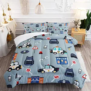 DYcolor Cartoon Police Car Policeman Vehicle Comforter Set Kids Boys Teens