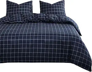 Wake In Cloud - Grid Comforter Set, Preppy Geometric Plaid Checkered Modern Pattern Printed, Soft Lightweight Bedding, 3 Pieces, Navy, Queen Size