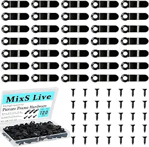 120PCS Metal Picture Frame Turn Buttons Fasteners with Screws, Black Anti-Rust Photo Frame Hardware Kit, No Drill Hanging Clips for Posters Drawings Artworks Photos Canvas