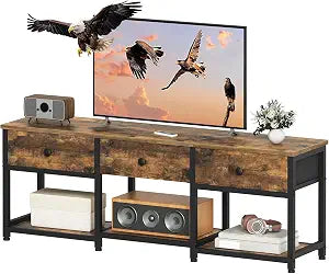 YATINEY TV Stand with 3 Fabric Drawers for up to 50 Inch TV, 47.2" Industrial Media Console, Entertainment Center with Shelves for Living Room, Bedroom, Home Office, Rustic Brown and Black DS12BR