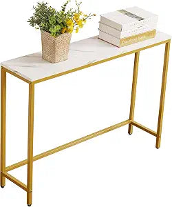 loglus Small Console Table for Entryway, Faux Marble MDF Sofa Table with Golden Frame, Single Layer, White Marble, 9.45" D x 38.19" W x 29.72" H