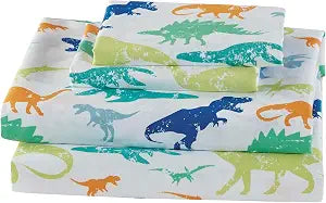 Mk Home 3pc Twin Size Sheet Set for Boys Dinosaurs Green Blue Orange White New