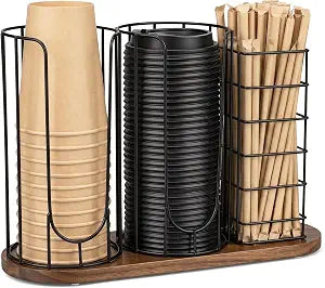 Coffee Cup and Lid Holder with Wooden Base, 3-Slot Coffee Station Organizer Dispenser for Paper Plastic Cups, Lids & Straws, U-Shape Metal Wire Coffee Bar Storage for Countertop, Office, Kitchen