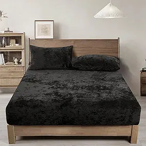 PHF Truly Velvet Fitted Sheet Only for Warm Deep Sleep, Queen Size, Black