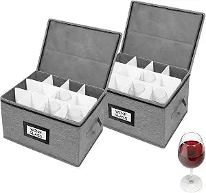 HURZMORO Wine Glass Storage Box 2-Pack Holds 24 Stemware Glasses, Padded Dividers for Protection, Stackable & Portable Wine Glass Organizer, Oxford Fabric Moving & Holiday Storage Case
