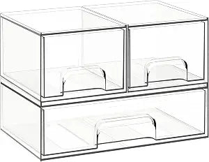 Criusia Stackable Storage Drawers, 3 Pack Clear Acrylic Makeup & Bathroom Organizer, Versatile Storage Bins for Vanity, Under Sink, Kitchen Cabinets & Pantry
