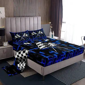Geometric Square Stripe Sheet Twin Size,Race Car Flag Checkered Plaid Grid Bedding Set,Boys Girls Men Room Decor,Racing Sport Games Blue Noble Bed Sheet Set 3pcs(Fitted + Flat + 1 Pillowcase)