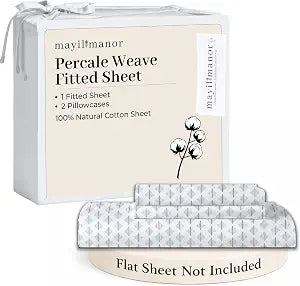100% Cotton Percale Fitted Sheet Set, Full, 18" Deep, Grey Ida, No Flat