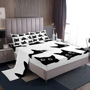 Feelyou Black Cat Bed Sheet Set for Kids Boys Girls Cute Kitten Print Bedding Set 1 Flat Sheet + 1 Fitted Sheet + 2 Pillowcases Full Size