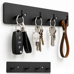 Key Holder Wall Mount Key Rack, Hanging Keys Hanger Hooks for Wall-Mounted Black Rail with 4 Hooks Storage Organizer Home Decor, Self Adhesive no Drill or Screws