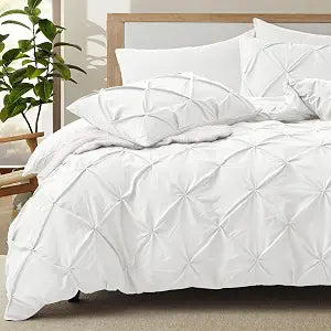 VACVELT 5PC White Pintuck Duvet Cover Full/Queen, Zipper & Ties