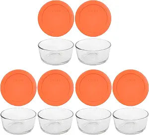 Pyrex 7200 2-Cup Glass Dishes & 7200-PC Orange Lids (6-Pack) - Made in USA